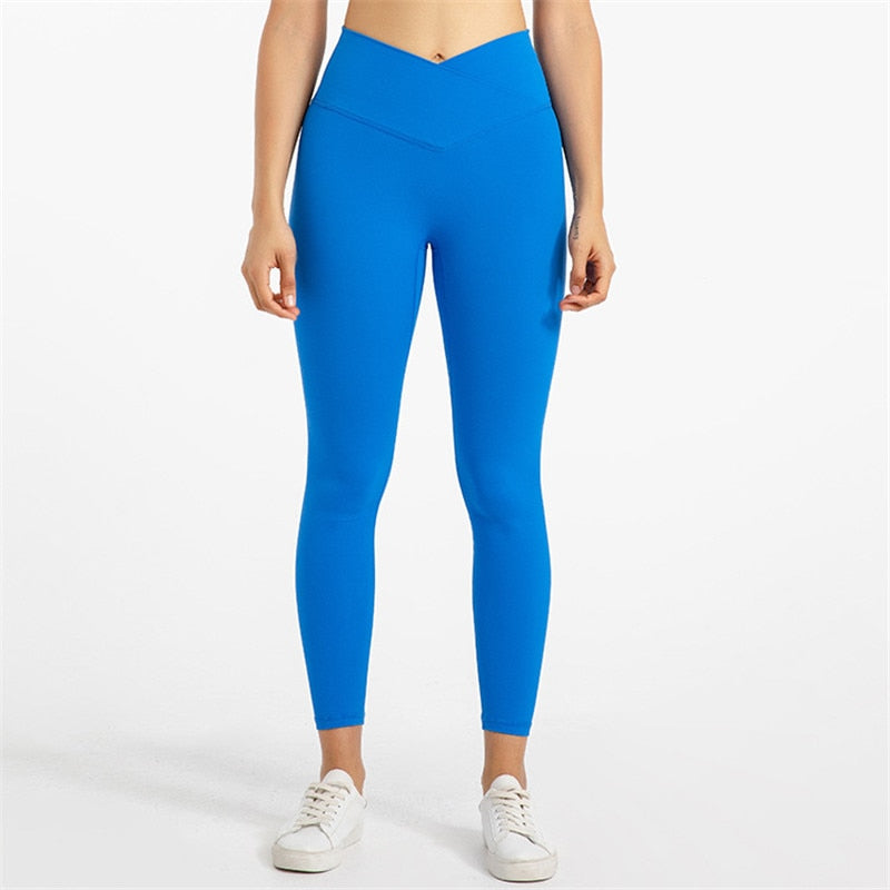 Yoganix Solid Color High Waist Fintess Yoga Leggings Women Sports Pants Tight Butter Soft Front Waist Cross Gym Clothe Compression
