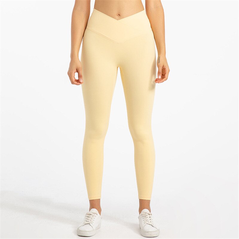 Yoganix Solid Color High Waist Fintess Yoga Leggings Women Sports Pants Tight Butter Soft Front Waist Cross Gym Clothe Compression