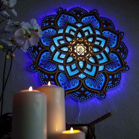 Yoganix Mandala Yoga Room Night Light LED Multi-Layer Laser Cut Carved Light LED Elegant Wooden Mandala Hanging Light