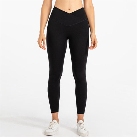 Yoganix Solid Color High Waist Fintess Yoga Leggings Women Sports Pants Tight Butter Soft Front Waist Cross Gym Clothe Compression